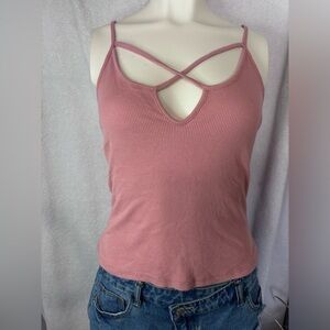 Pink Tank Top Criss Cross Strappy Ribbed Casual Cute‎ Top